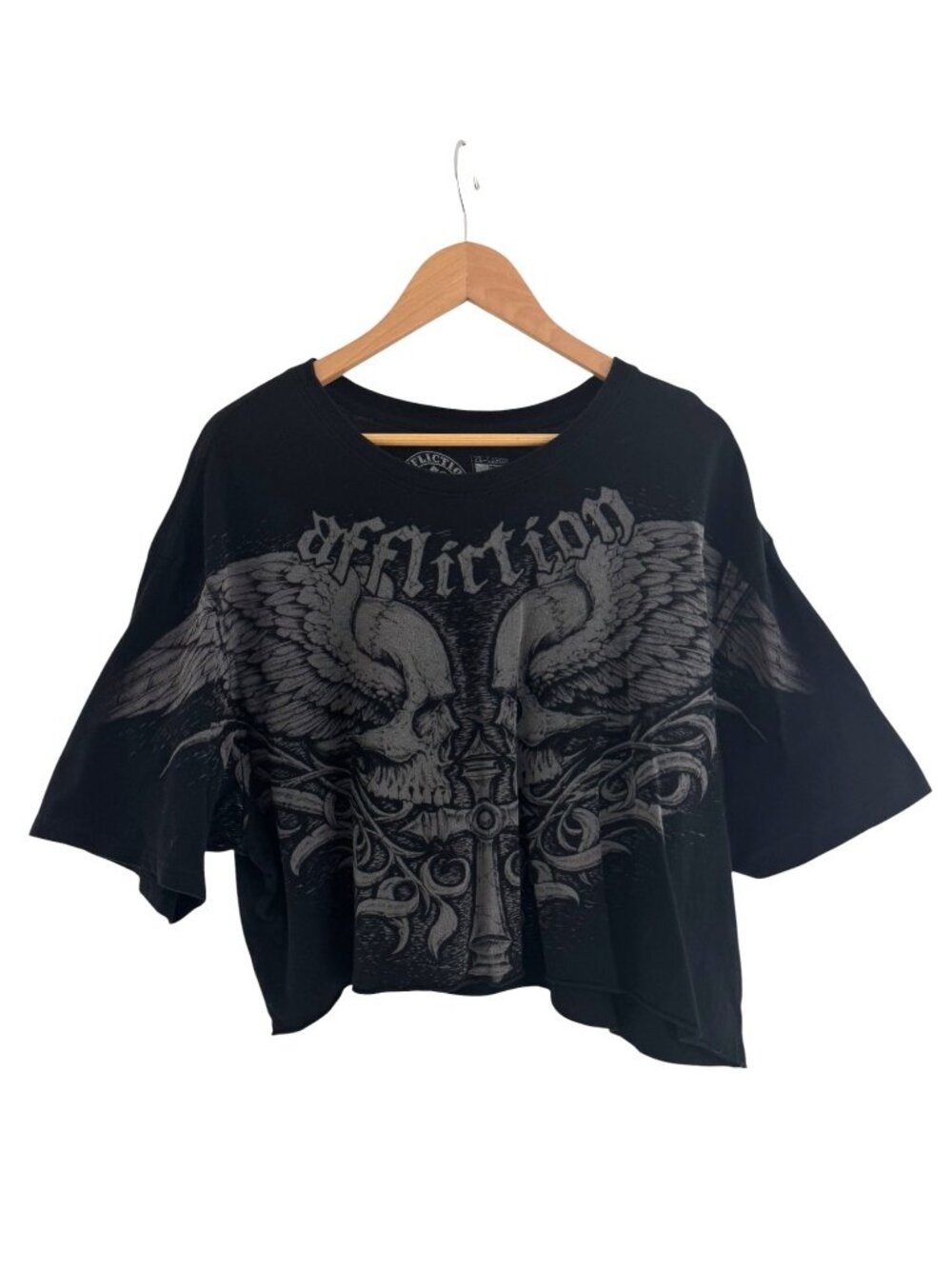 Affliction Black Skull Wings Cross Cropped T-Shirt Tee Size 2XL Cotton Top Plus